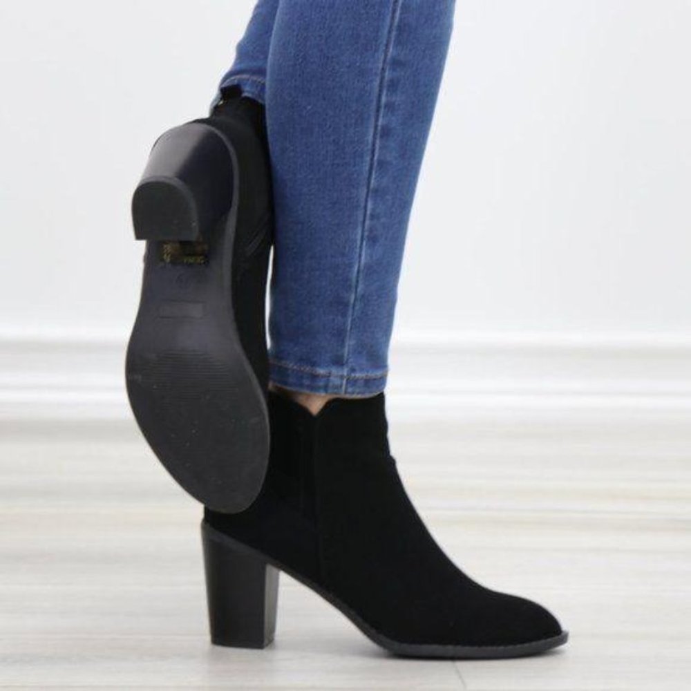 Black Perforated Design Ankle Heeled Boots - Picture 3 of 16